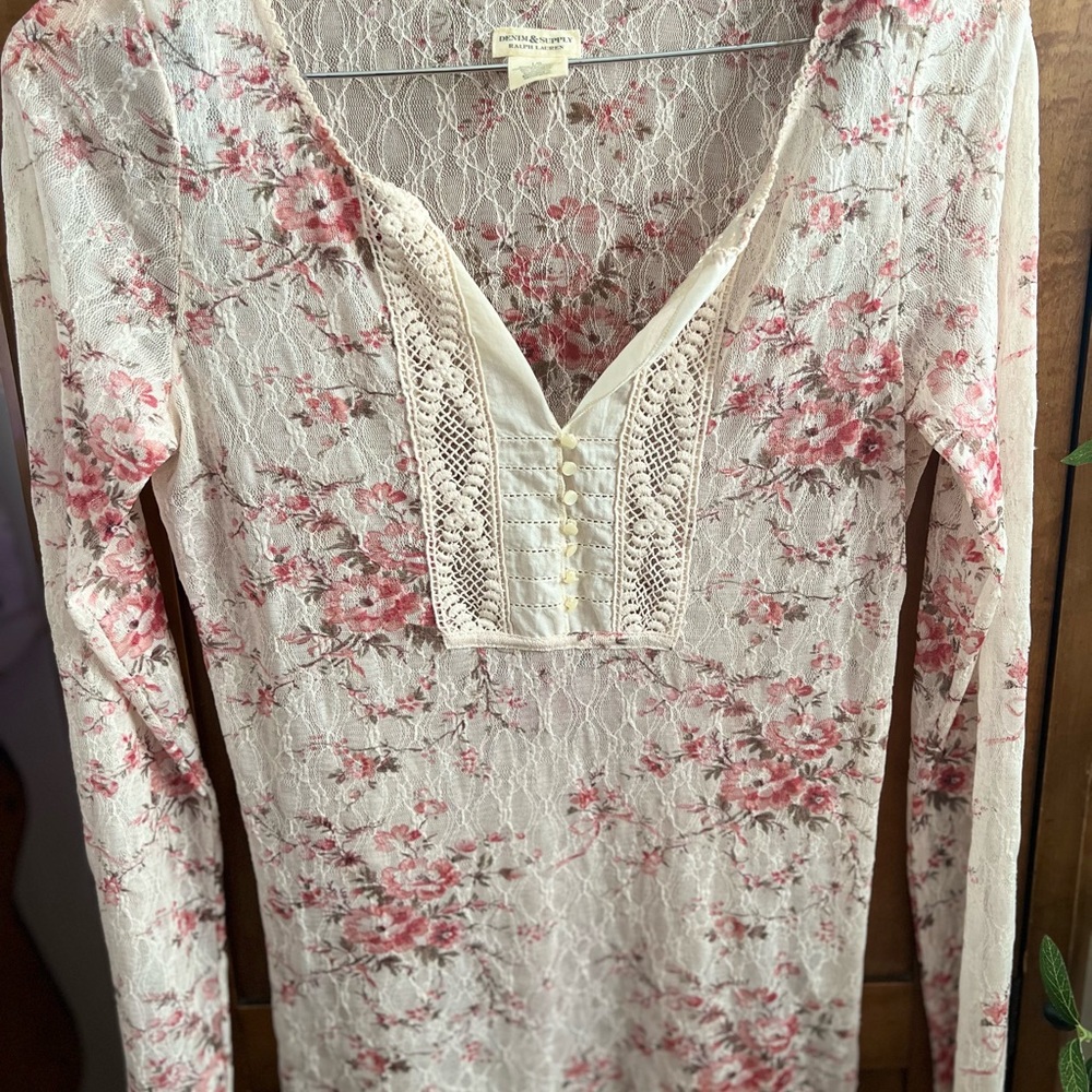 Denim & Supply Ralph Lauren Cream Lace Floral Long Sleeve Blouse